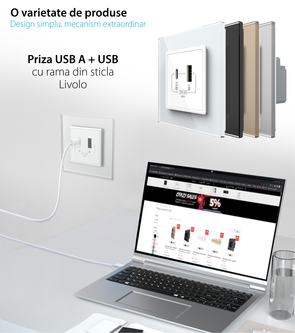 Priza USB-A + USB-C cu Rama Din Sticla LIVOLO – Serie Noua