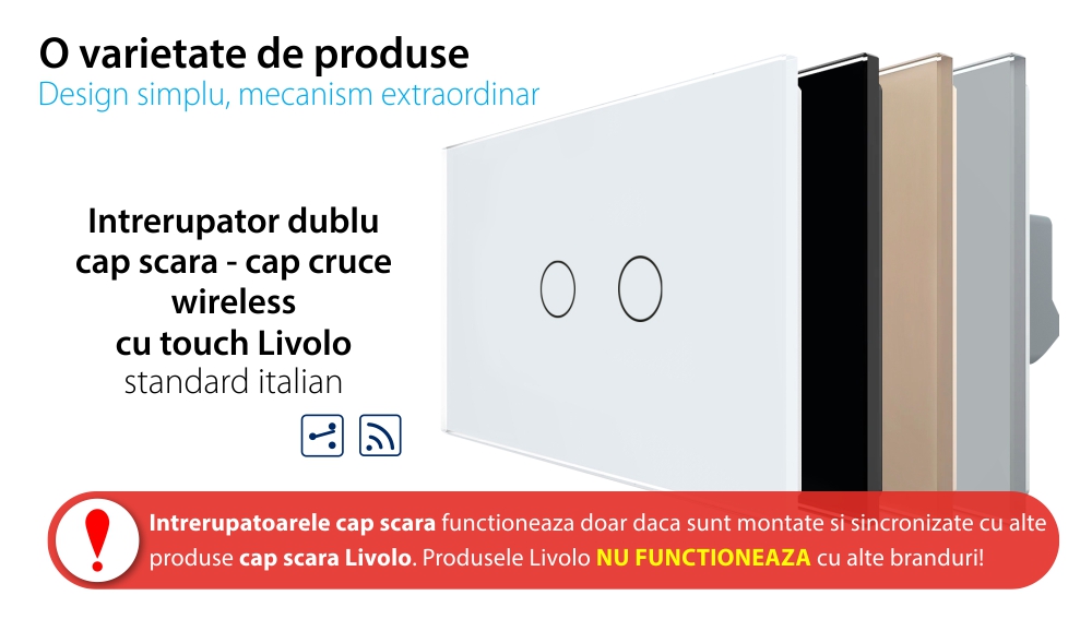 Intrerupator Dublu Cap Scara / Cruce Wireless cu Touch LIVOLO din Sticla – Standard Italian