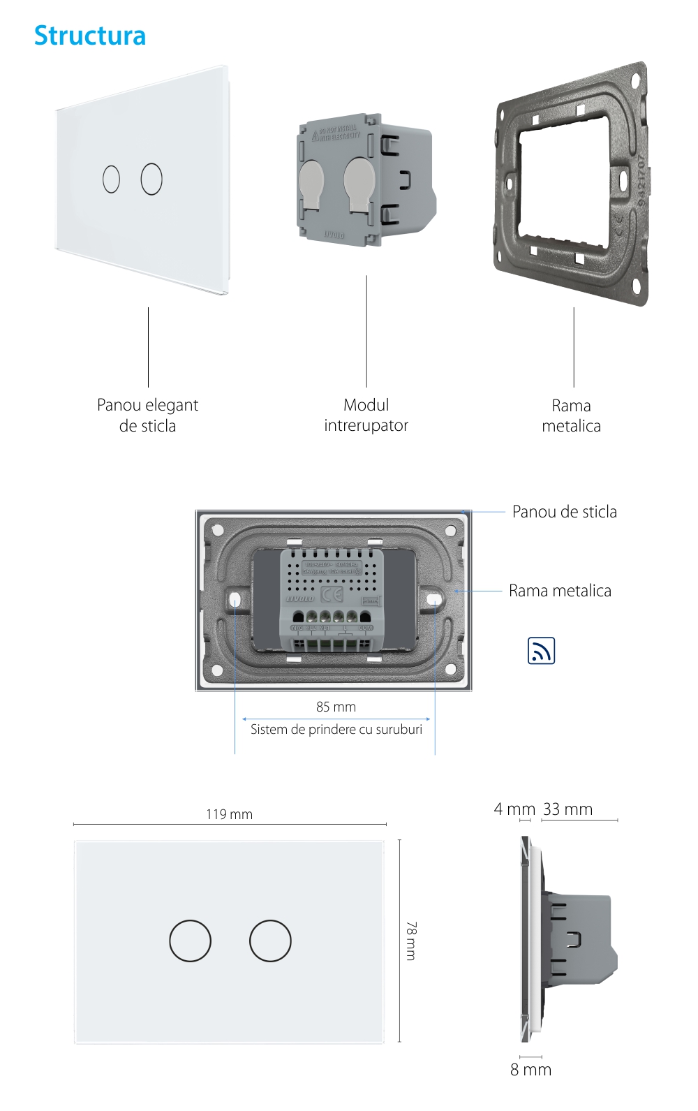 Intrerupator Dublu Wireless cu Touch LIVOLO din Sticla – Standard Italian