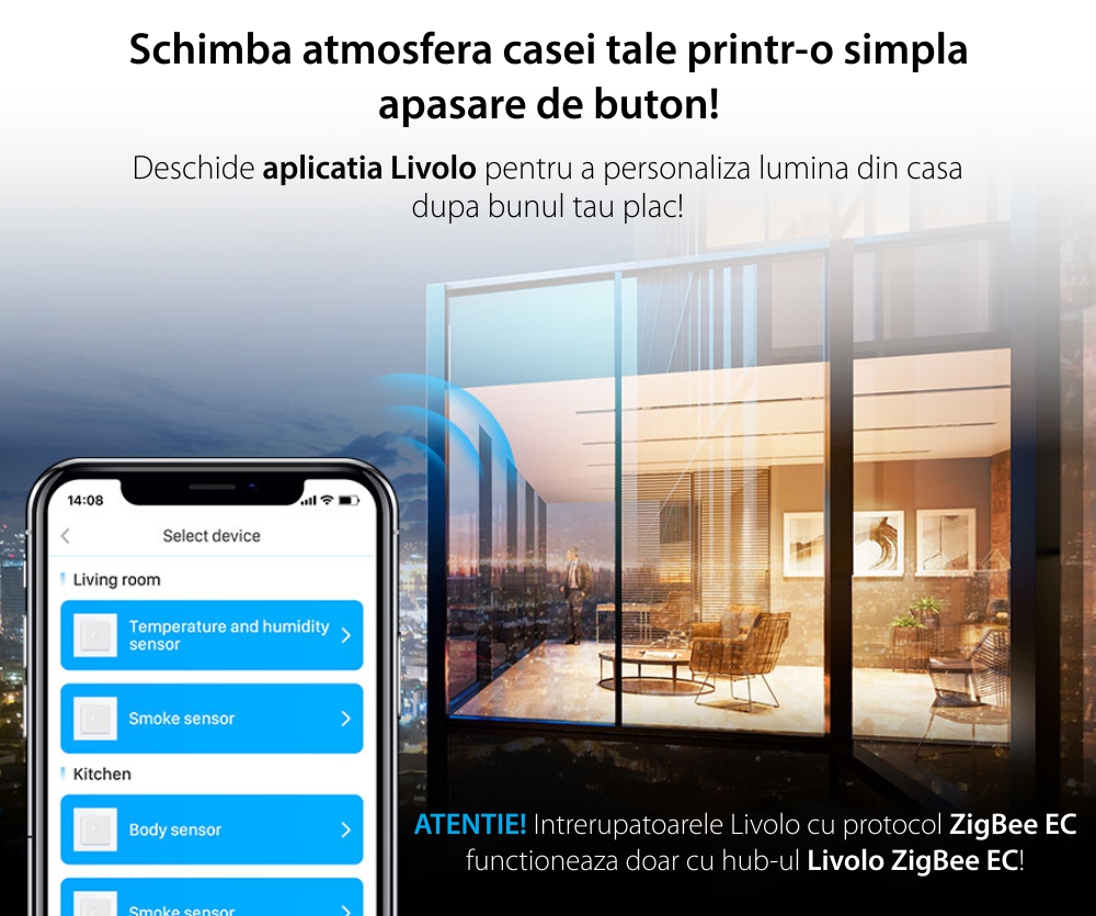 Intrerupator Simplu Cap Scara / Cruce cu Dimmer cu Touch LIVOLO din Sticla – Protocol ZigBee EC