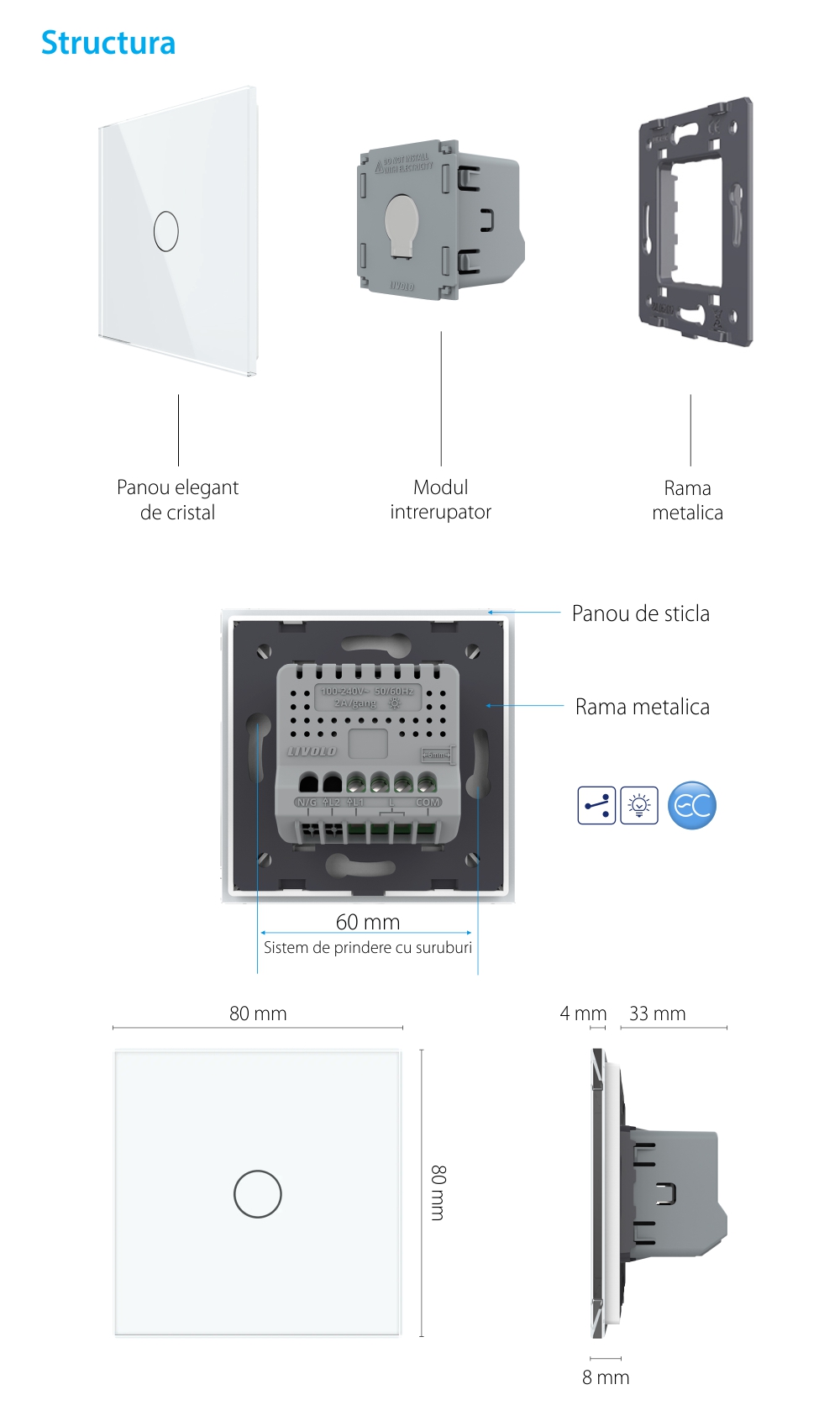 Intrerupator Simplu Cap Scara / Cruce cu Dimmer cu Touch LIVOLO din Sticla – Protocol ZigBee EC