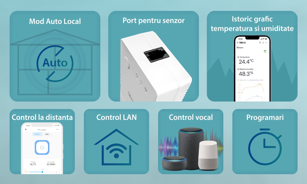 Releu Inteligent Wi-Fi Sonoff THR316, Temperatura & Umiditate, Control aplicatie