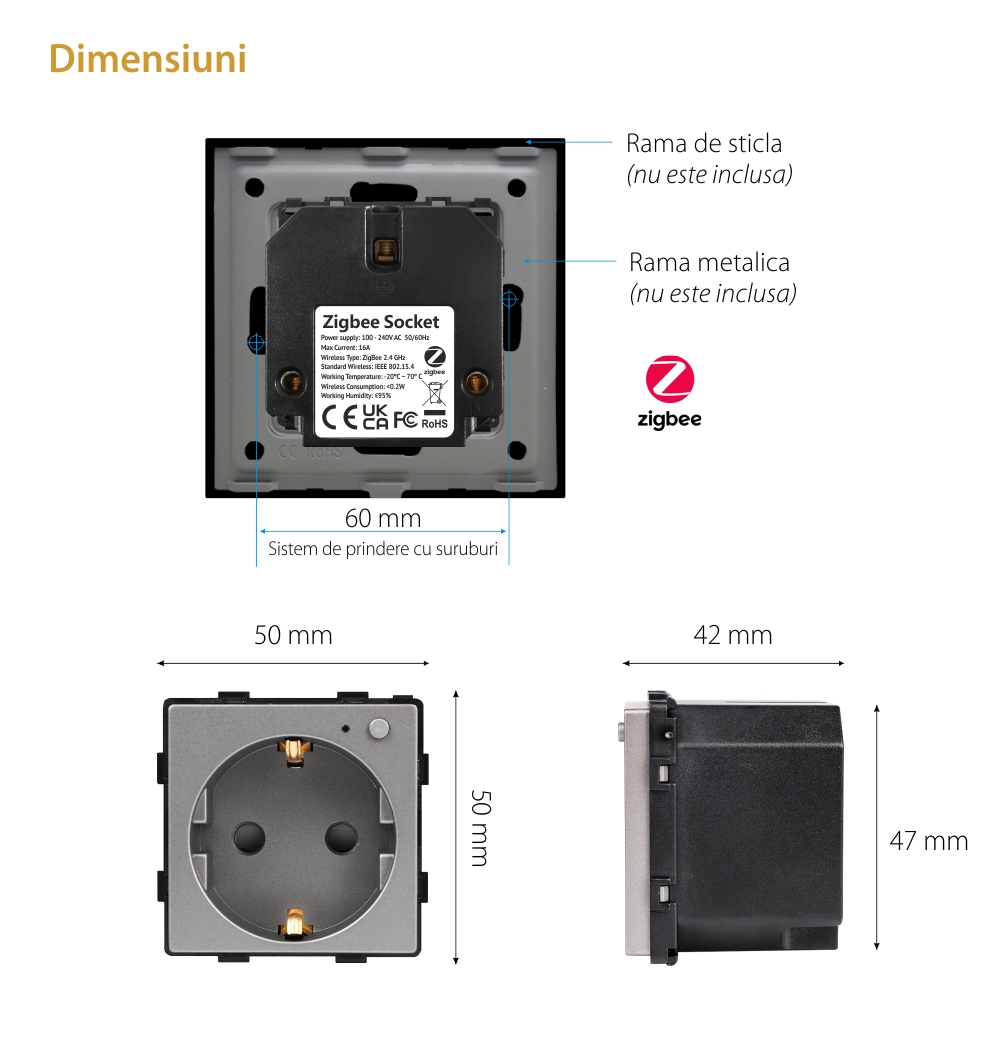 Modul Priza Inteligenta cu Protocol Zigbee si Monitorizare Consum, Fara Rama Din Sticla LUXION