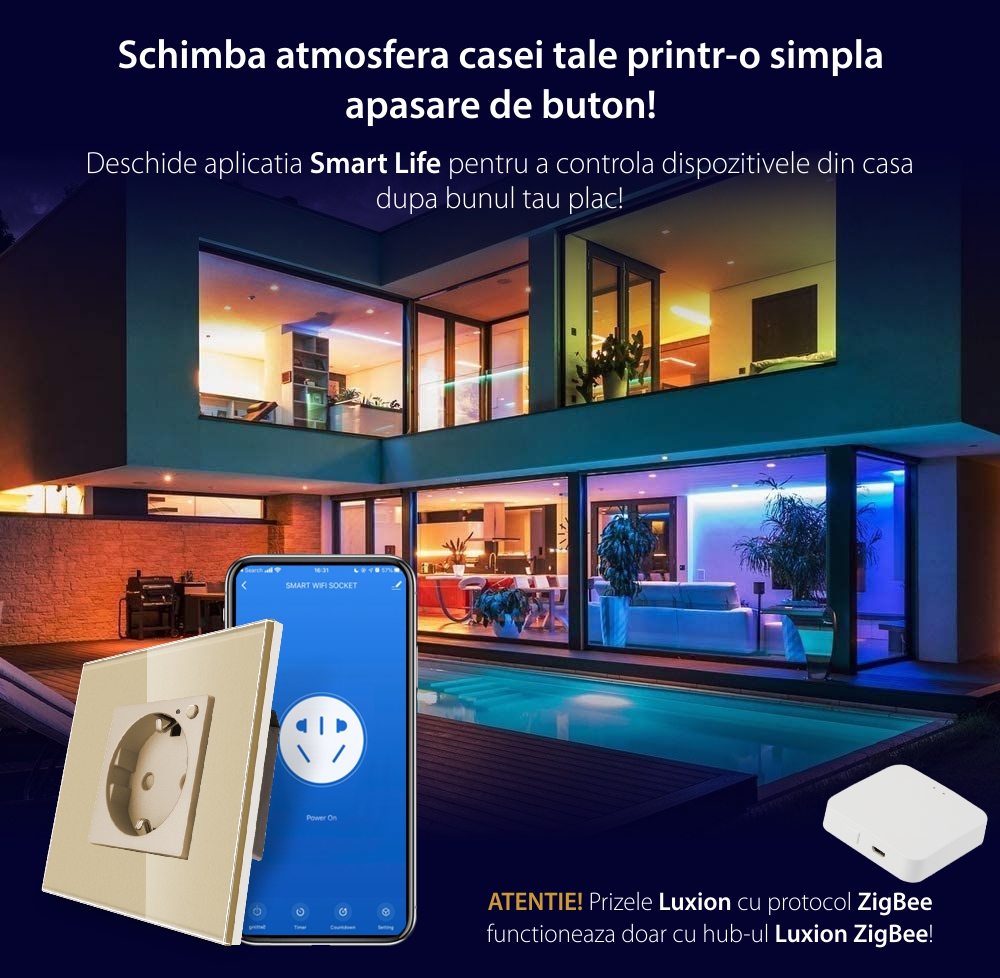 Priza Inteligenta cu Protocol Zigbee cu Rama Din Sticla LUXION