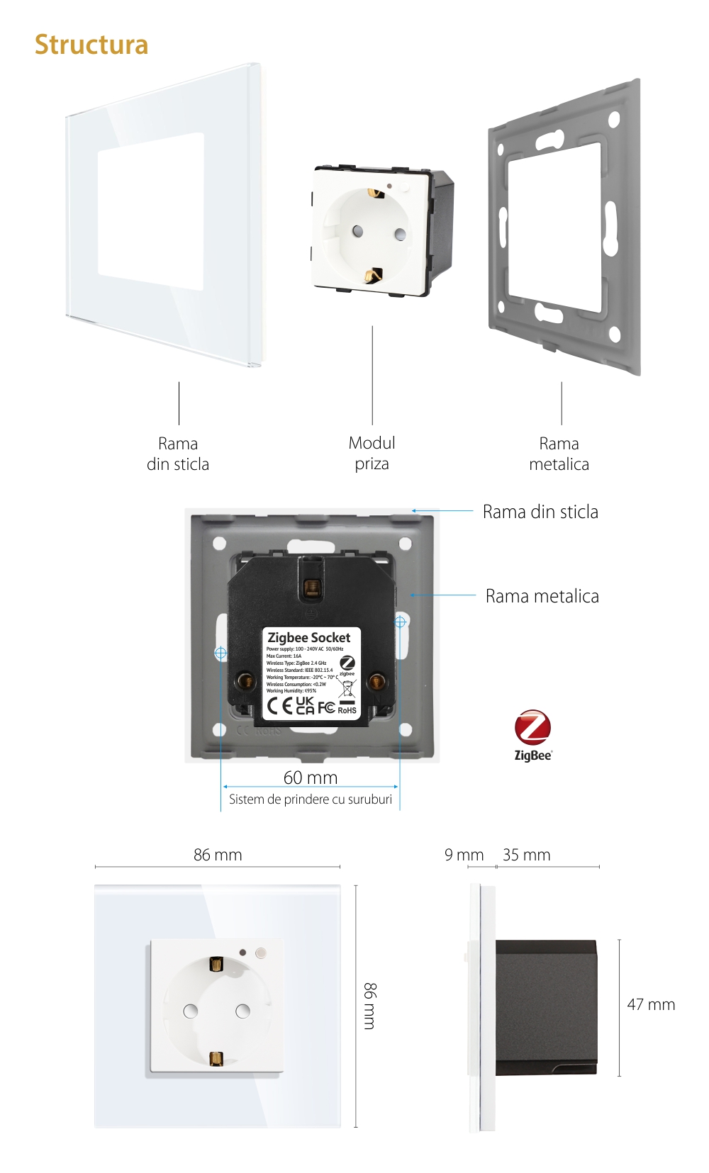 Priza Inteligenta cu Protocol Zigbee cu Rama Din Sticla LUXION