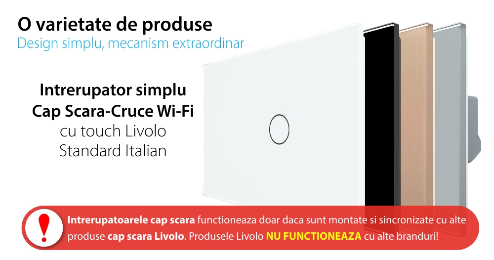 Intrerupator Simplu Cap Scara / Cruce Wi-Fi cu Touch LIVOLO, standard italian – Serie Noua