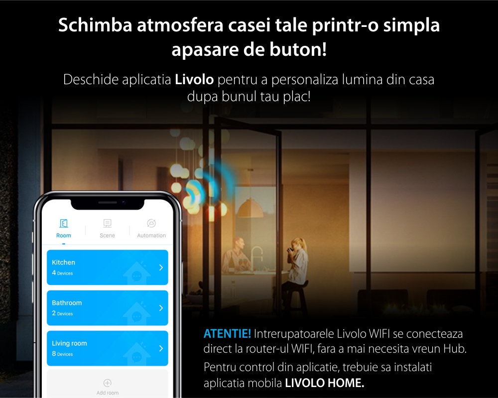 Intrerupator Simplu Cap Scara / Cruce Wi-Fi cu Touch LIVOLO, standard italian – Serie Noua