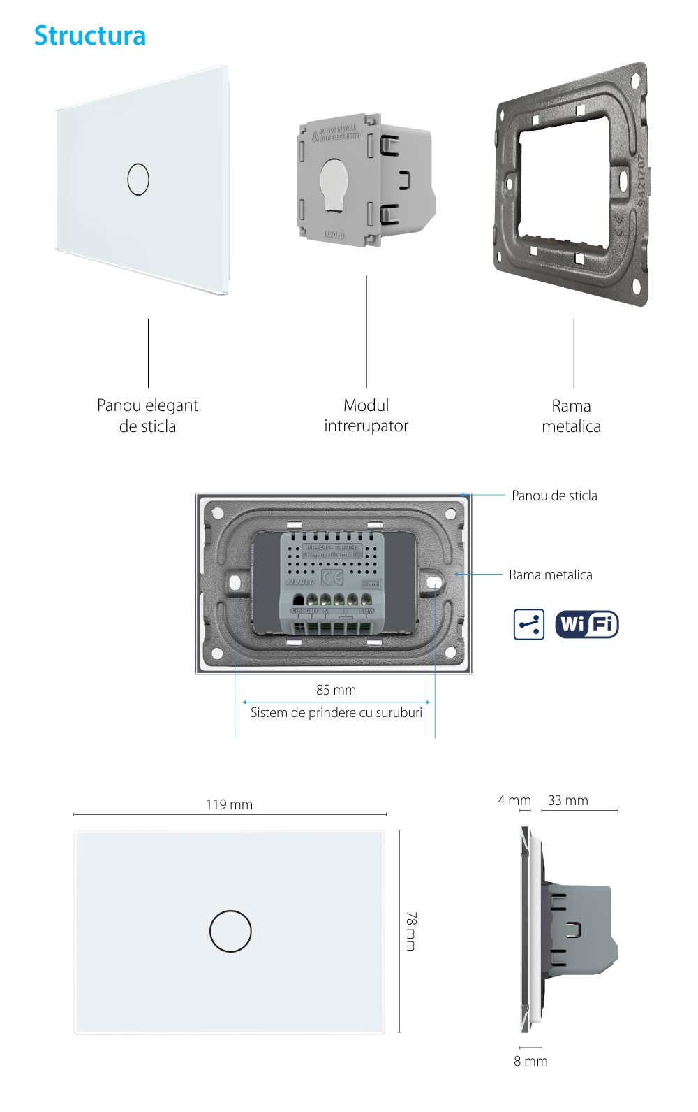 Intrerupator Simplu Cap Scara / Cruce Wi-Fi cu Touch LIVOLO, standard italian – Serie Noua