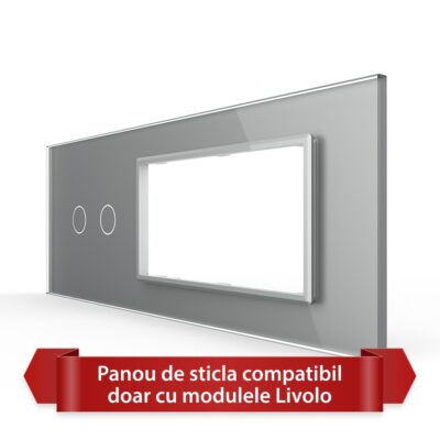 Panou Intrerupator Dublu cu 2 Prize LIVOLO din Sticla, Standard Italian – 6/7M culoare gri