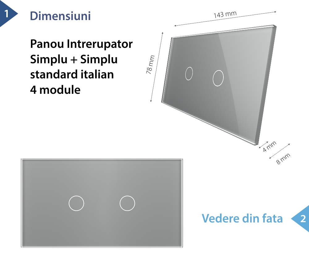 Panou Intrerupator Simplu + Simplu cu Touch LIVOLO din Sticla, Standard Italian – 4M