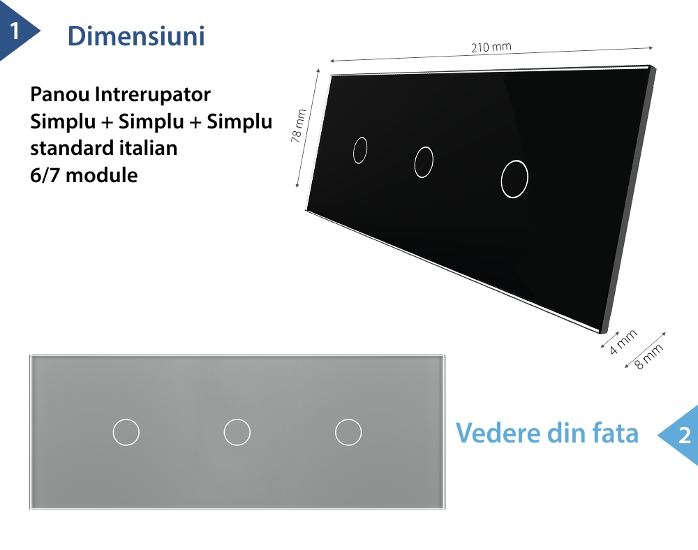 Panou Intrerupator Simplu + Simplu + Simplu cu Touch LIVOLO din Sticla, Standard Italian – 6/7M