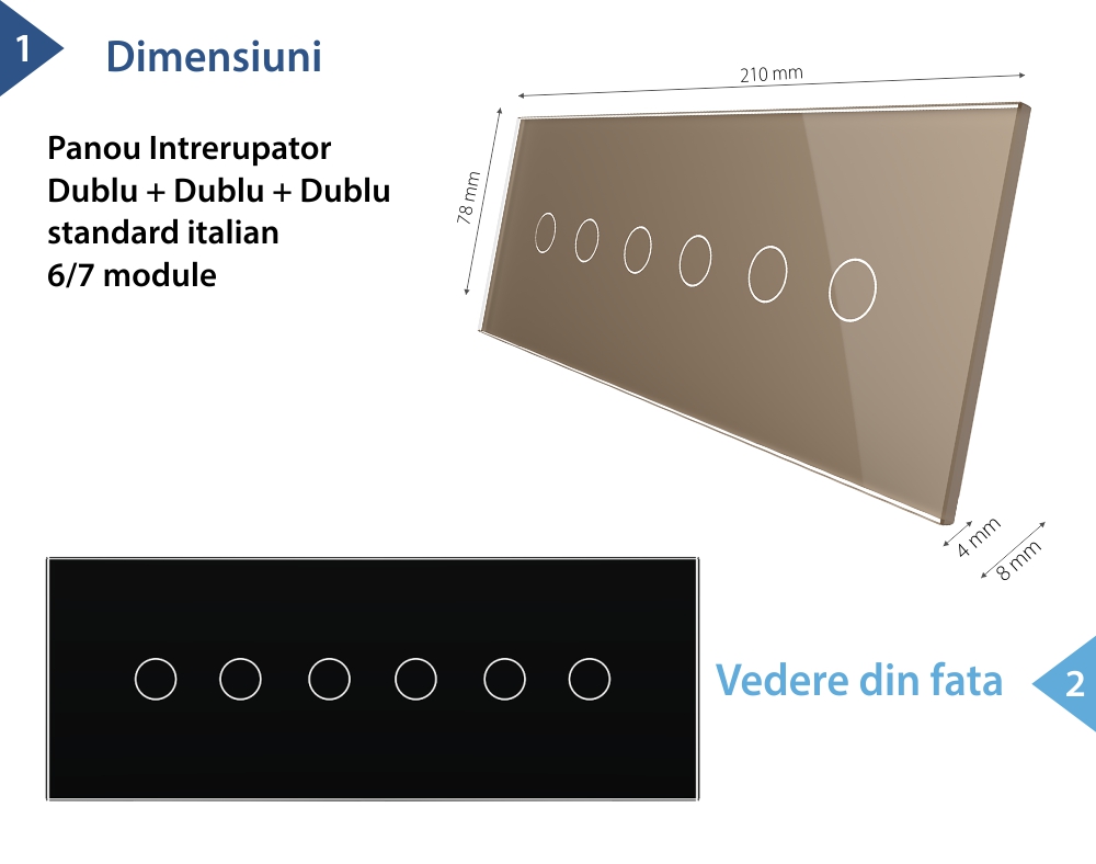 Panou Intrerupator Dublu + Dublu + Dublu cu Touch LIVOLO din Sticla, Standard Italian – 6/7M