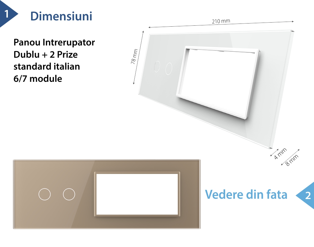 Panou Intrerupator Dublu cu 2 Prize LIVOLO din Sticla, Standard Italian – 6/7M