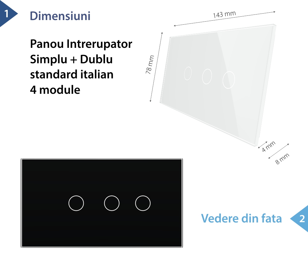 Panou Intrerupator Simplu + Dublu cu Touch LIVOLO din Sticla, Standard Italian – 4M