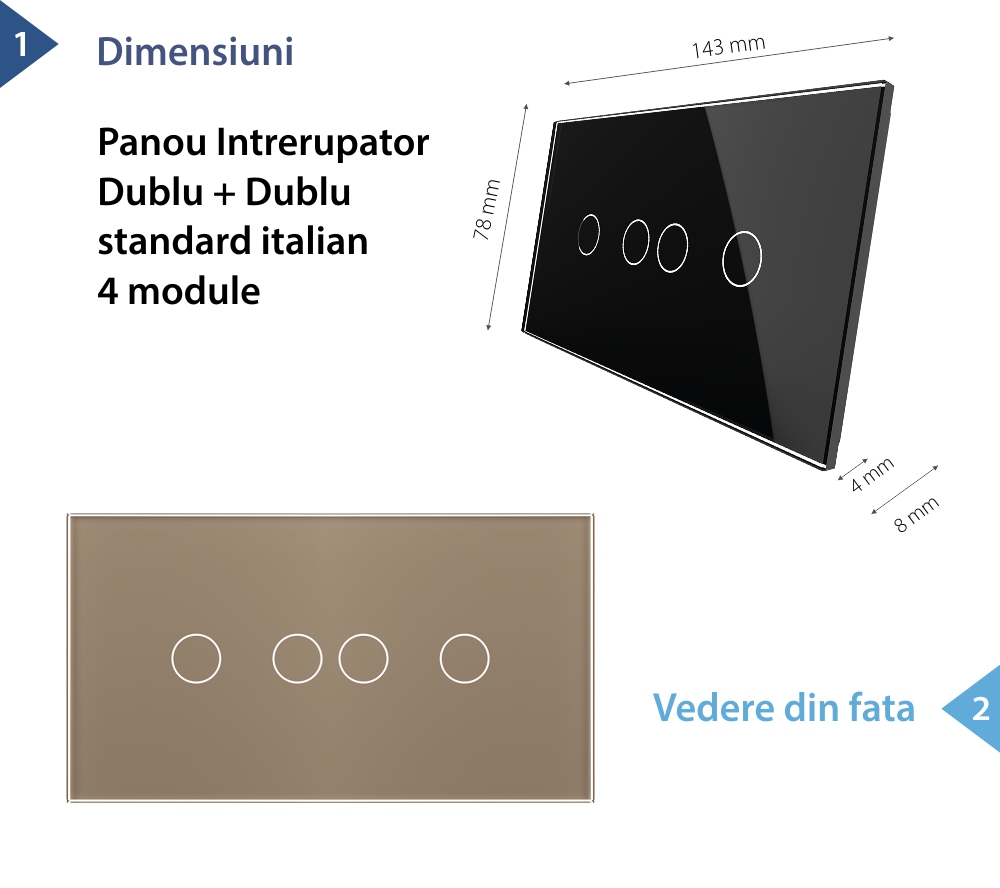 Panou Intrerupator Dublu + Dublu cu Touch LIVOLO din Sticla, Standard Italian – 4M