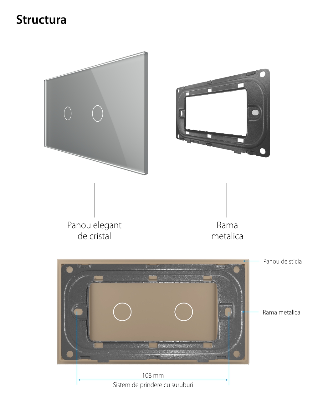 Panou Intrerupator Simplu + Simplu cu Touch LIVOLO din Sticla, Standard Italian – 4M