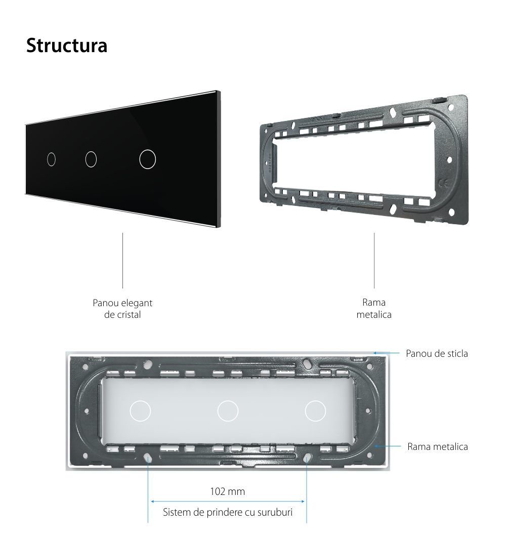 Panou Intrerupator Simplu + Simplu + Simplu cu Touch LIVOLO din Sticla, Standard Italian – 6/7M