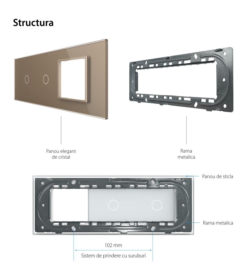 Panou Intrerupator Simplu + Simplu cu Priza LIVOLO din Sticla, Standard Italian – 6/7M