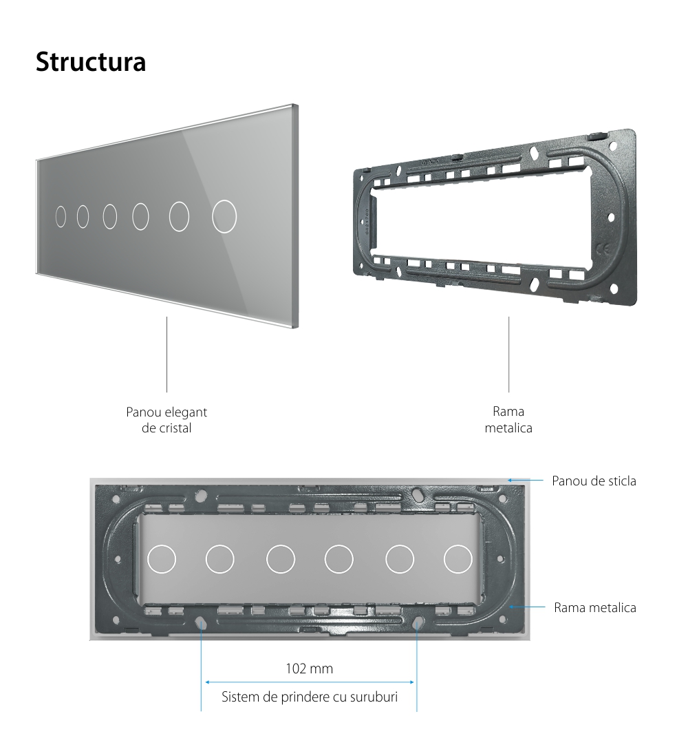 Panou Intrerupator Dublu + Dublu + Dublu cu Touch LIVOLO din Sticla, Standard Italian – 6/7M