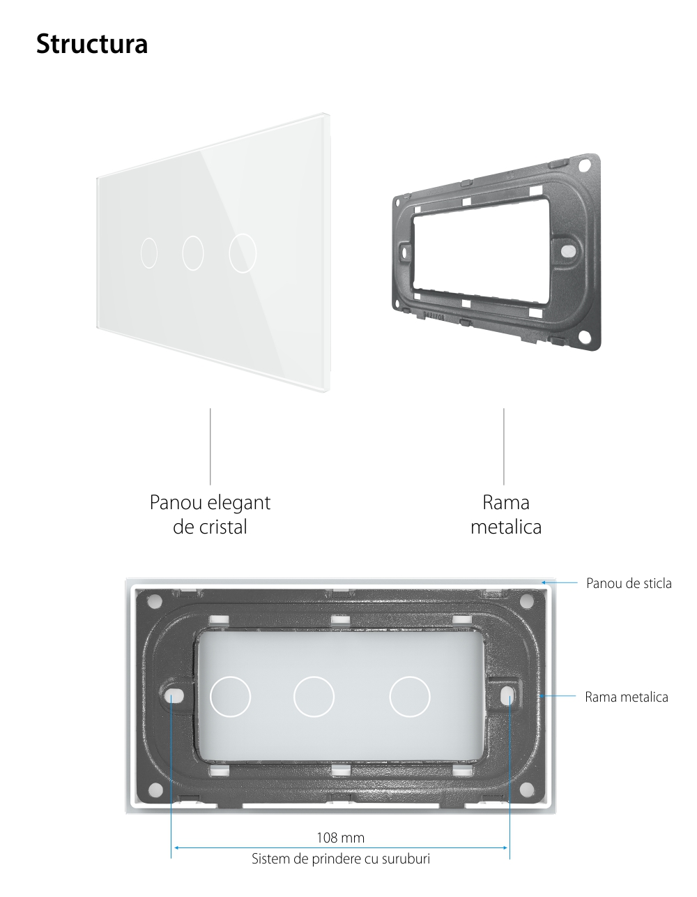 Panou Intrerupator Simplu + Dublu cu Touch LIVOLO din Sticla, Standard Italian – 4M