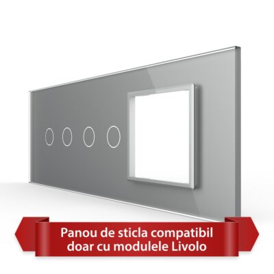 Panou Intrerupator Dublu + Dublu cu Priza LIVOLO din Sticla, Standard Italian – 6/7M culoare gri