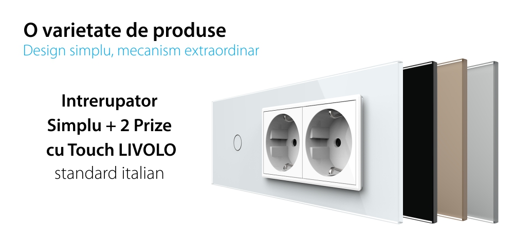 Intrerupator Simplu + 2 Prize LIVOLO cu Rama Din Sticla, Standard Italian, 6M