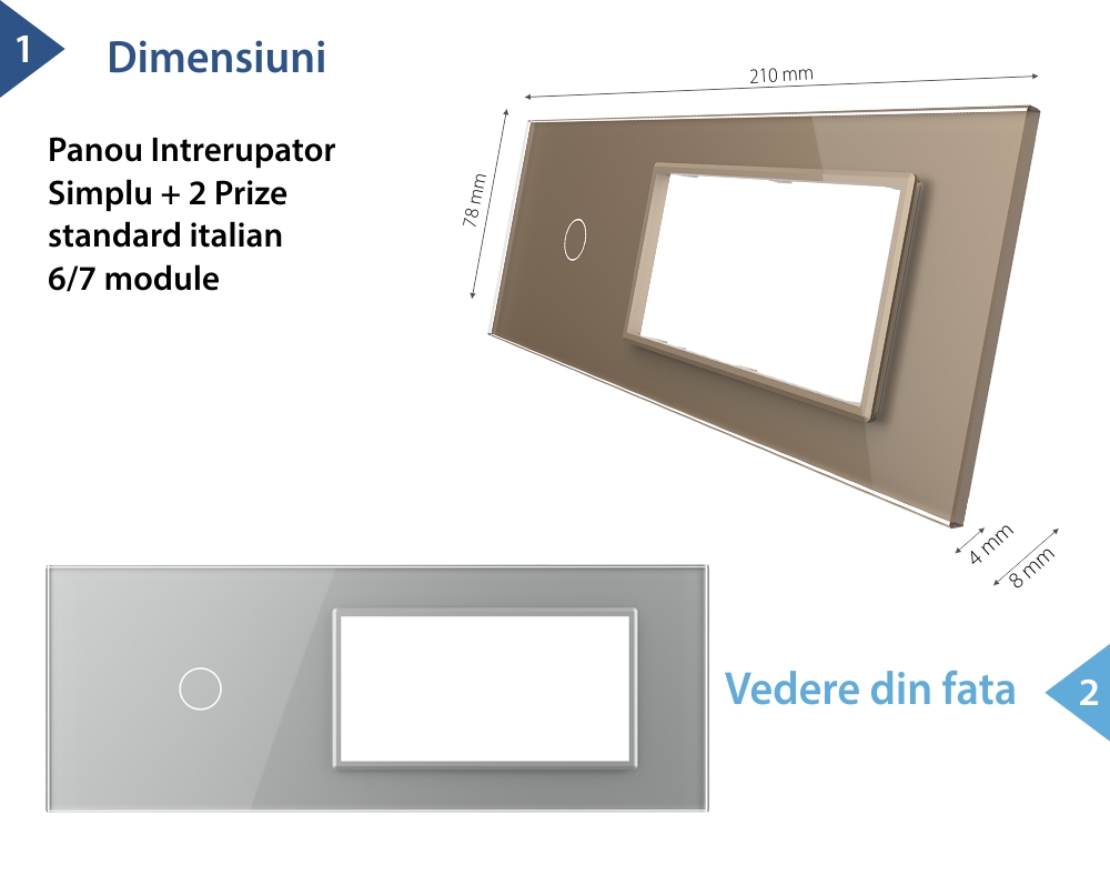 Panou Intrerupator Simplu cu 2 Prize LIVOLO din Sticla, Standard Italian – 6/7M