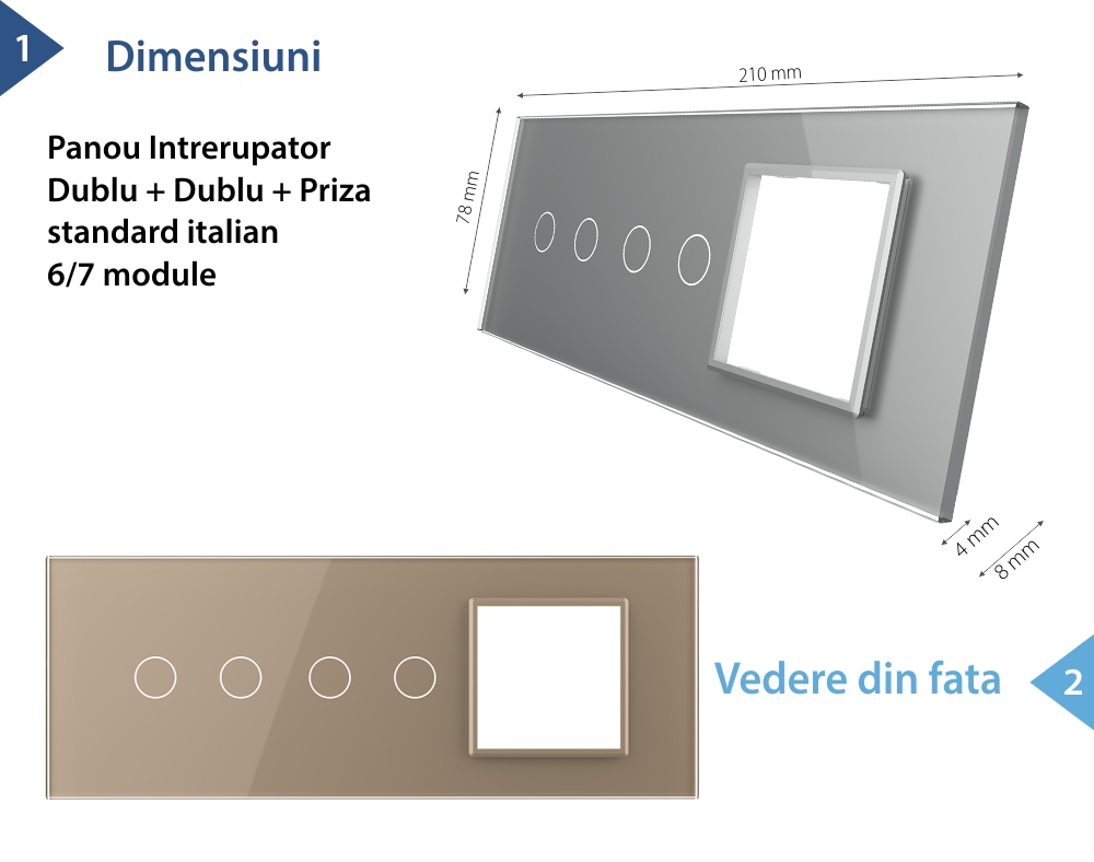 Panou Intrerupator Dublu + Dublu cu Priza LIVOLO din Sticla, Standard Italian – 6/7M