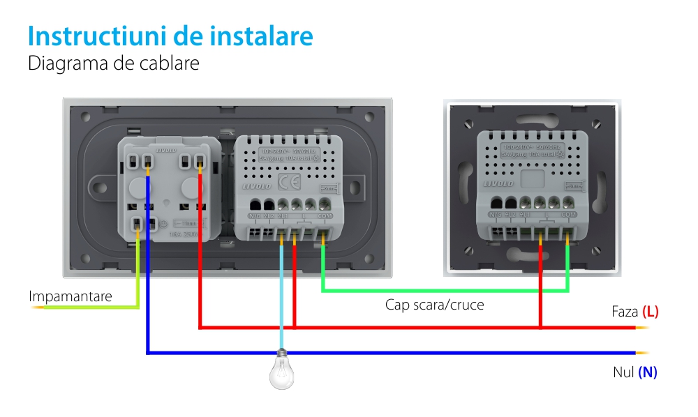 Intrerupator Simplu Cap Scara / Cruce + Priza LIVOLO cu Rama Din Sticla, Standard Italian, 4M