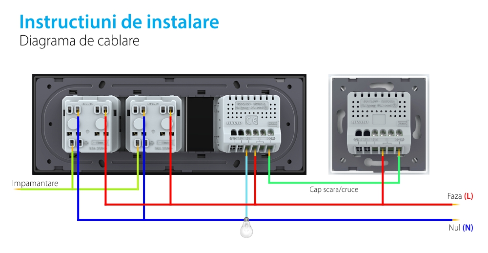 Intrerupator Simplu Cap Scara / Cruce + 2 Prize LIVOLO cu Rama Din Sticla, Standard Italian, 6M