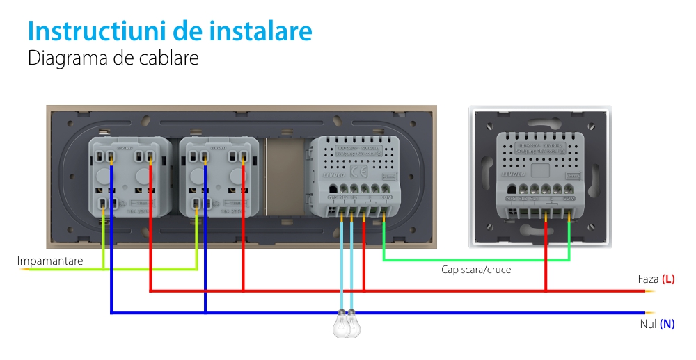 Intrerupator Dublu Cap Scara / Cruce + 2 Prize LIVOLO cu Rama Din Sticla, Standard Italian, 6M