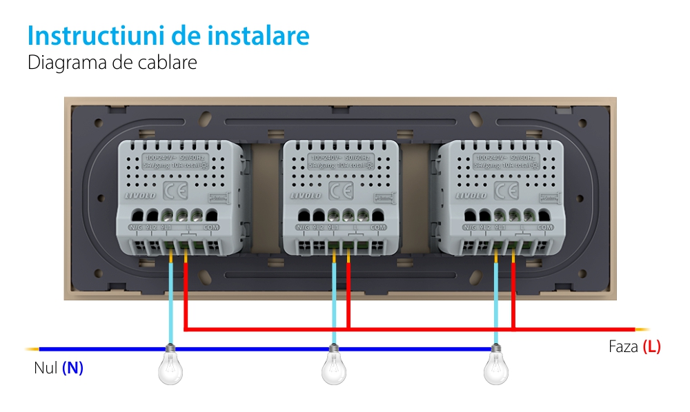 Intrerupator Simplu + Simplu + Simplu cu Touch LIVOLO cu Rama Din Sticla, Standard Italian, 6M