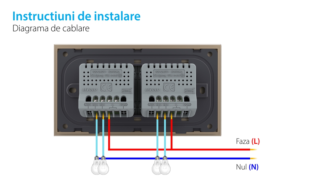 Intrerupator Dublu + Dublu cu Touch LIVOLO cu Rama Din Sticla, Standard Italian, 4M