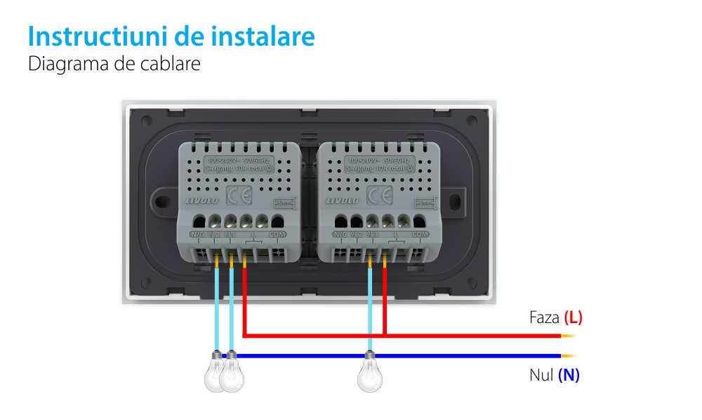 Intrerupator Simplu + Dublu cu Touch LIVOLO cu Rama Din Sticla, Standard Italian, 4M