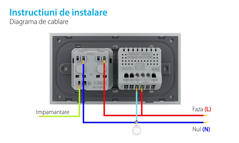 Intrerupator Simplu + Priza LIVOLO cu Rama Din Sticla, Standard Italian, 4M