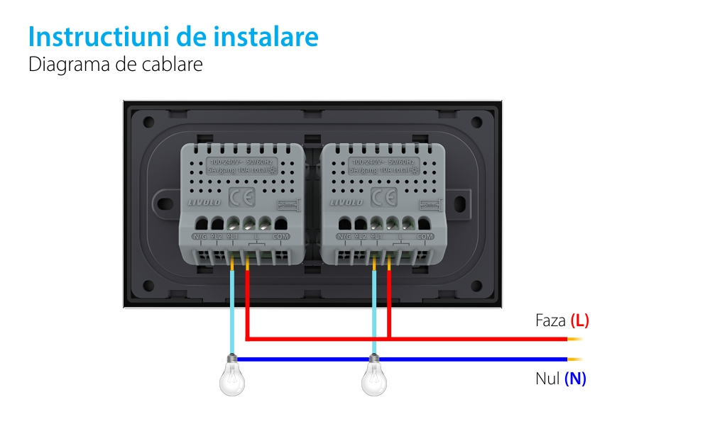 Intrerupator Simplu + Simplu cu Touch LIVOLO cu Rama Din Sticla, Standard Italian, 4M