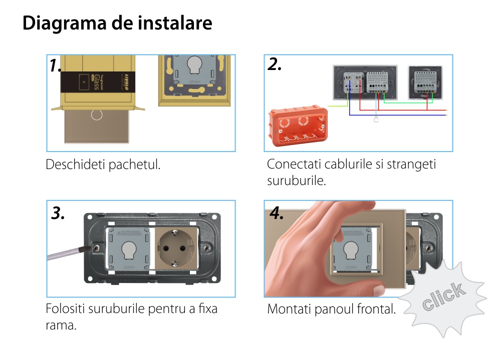 Intrerupator Simplu Cap Scara / Cruce + Priza LIVOLO cu Rama Din Sticla, Standard Italian, 4M