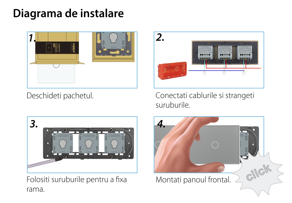 Intrerupator Simplu + Simplu + Simplu cu Touch LIVOLO cu Rama Din Sticla, Standard Italian, 6M