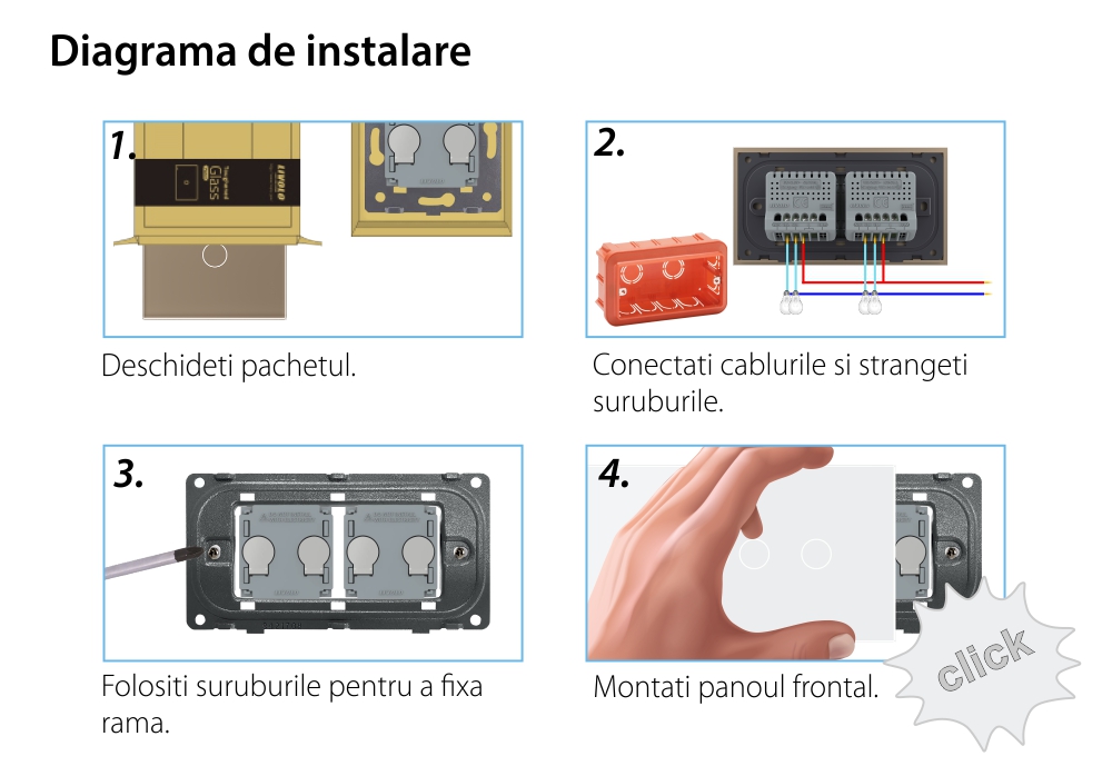 Intrerupator Dublu + Dublu cu Touch LIVOLO cu Rama Din Sticla, Standard Italian, 4M