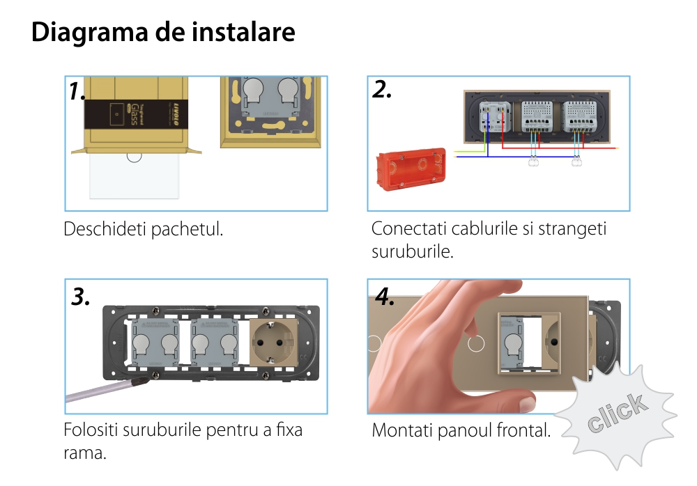 Intrerupator Dublu + Dublu + Priza LIVOLO cu Rama Din Sticla, Standard Italian, 6M