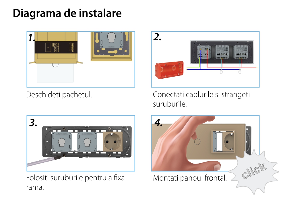 Intrerupator Simplu + Simplu + Priza LIVOLO cu Rama Din Sticla, Standard Italian, 6M