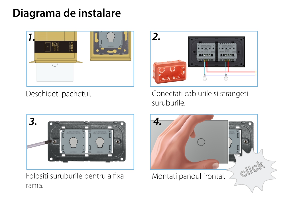 Intrerupator Simplu + Simplu cu Touch LIVOLO cu Rama Din Sticla, Standard Italian, 4M