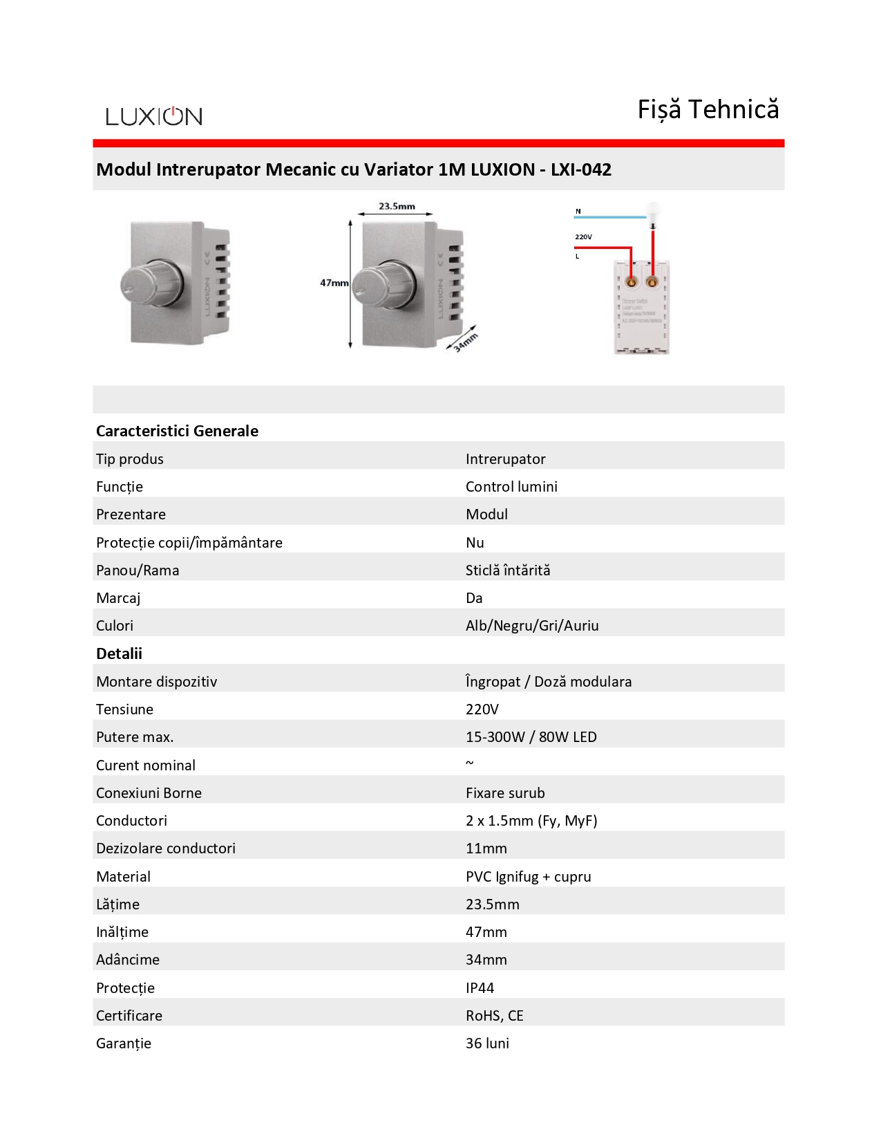 Modul Intrerupator Mecanic cu Variator 1M LUXION, Standard Italian