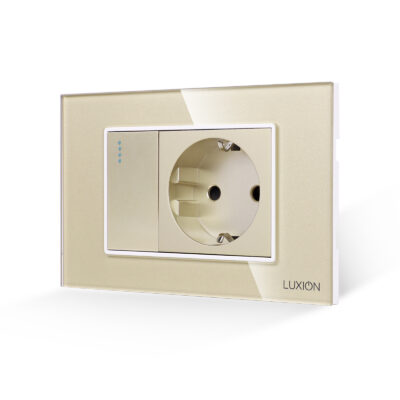 Intrerupator Simplu + Priza cu Rama din Sticla LUXION, Standard Italian, 3M culoare aurie