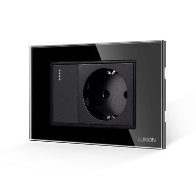 Intrerupator Simplu + Priza cu Rama din Sticla LUXION, Standard Italian, 3M culoare neagra
