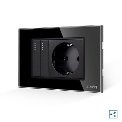 Intrerupator Dublu Cap Scara + Priza cu Rama din Sticla LUXION, Standard Italian, 3M culoare neagra