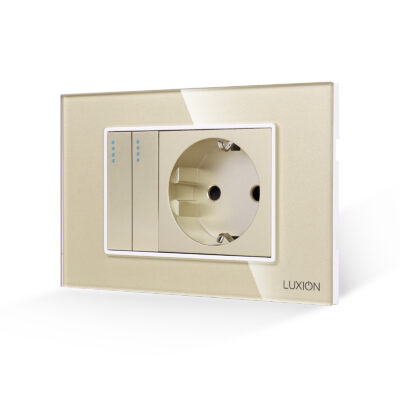 Intrerupator Dublu + Priza cu Rama din Sticla LUXION, Standard Italian, 3M culoare aurie