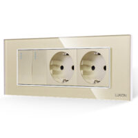 Intrerupator Dublu + 2 Prize cu Rama din Sticla LUXION, Standard Italian, 6M culoare aurie