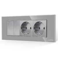 Intrerupator Dublu + 2 Prize cu Rama din Sticla LUXION, Standard Italian, 6M culoare gri