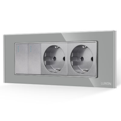 Intrerupator Dublu + 2 Prize cu Rama din Sticla LUXION, Standard Italian, 6M culoare gri